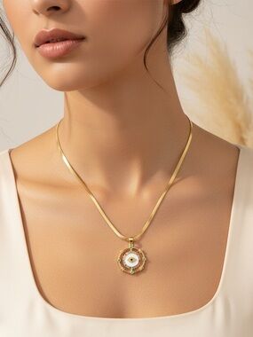 18k Gold- Plated Evil Eye Pendant Necklace with CZ Accents. New.